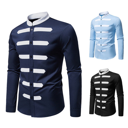 Black And White Stitching Design Men's Versatile Casual Long Sleeve Shirt