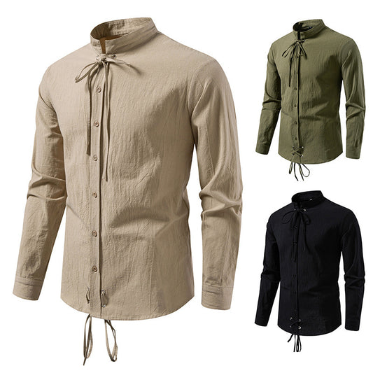 Pirate Drawstring Men's Cotton And Linen Long Sleeve European Size Shirt