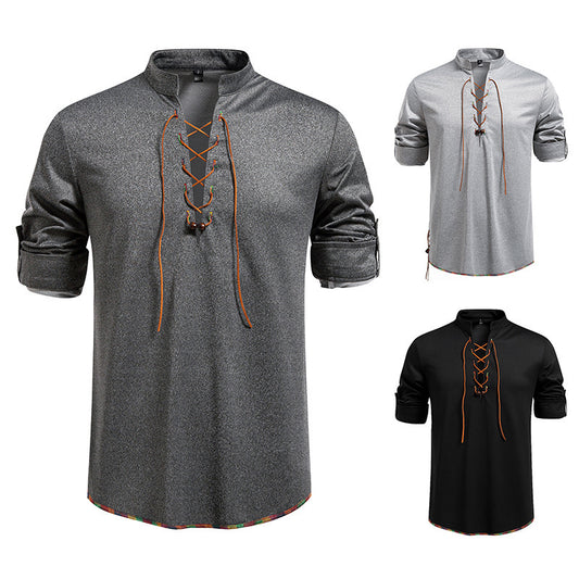 Drawstring Design Men's Stand-up Collar Long Sleeve T-shirt